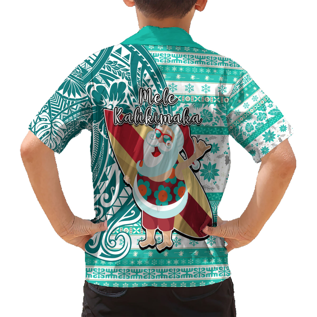 Hawaii Mele Kalikimaka Kid Hawaiian Shirt Santa Claus Surfing with Hawaiian Pattern Striped Turquoise Style LT03 - Polynesian Pride