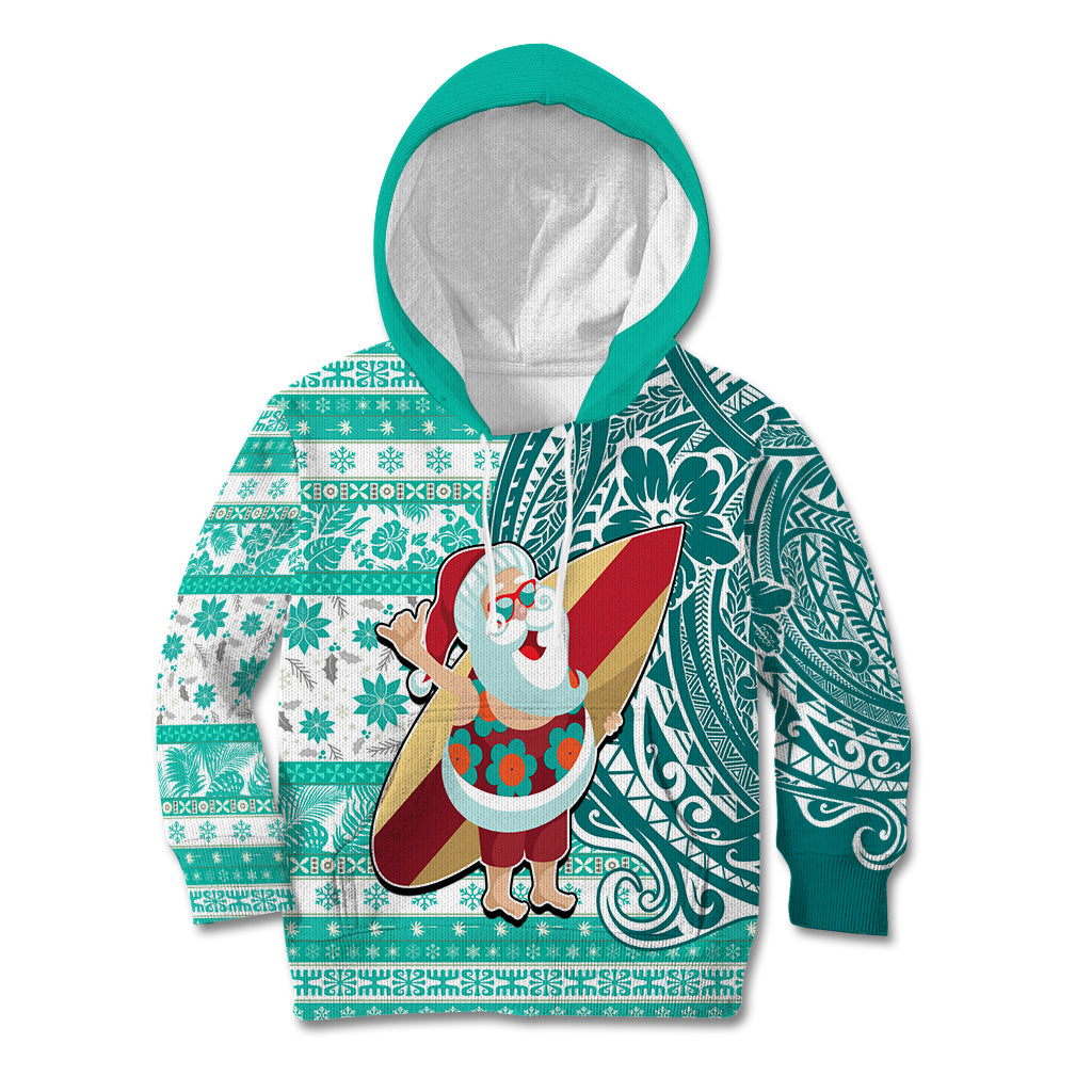 Hawaii Mele Kalikimaka Kid Hoodie Santa Claus Surfing with Hawaiian Pattern Striped Turquoise Style LT03 Turquoise - Polynesian Pride