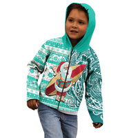 Hawaii Mele Kalikimaka Kid Hoodie Santa Claus Surfing with Hawaiian Pattern Striped Turquoise Style LT03 - Polynesian Pride