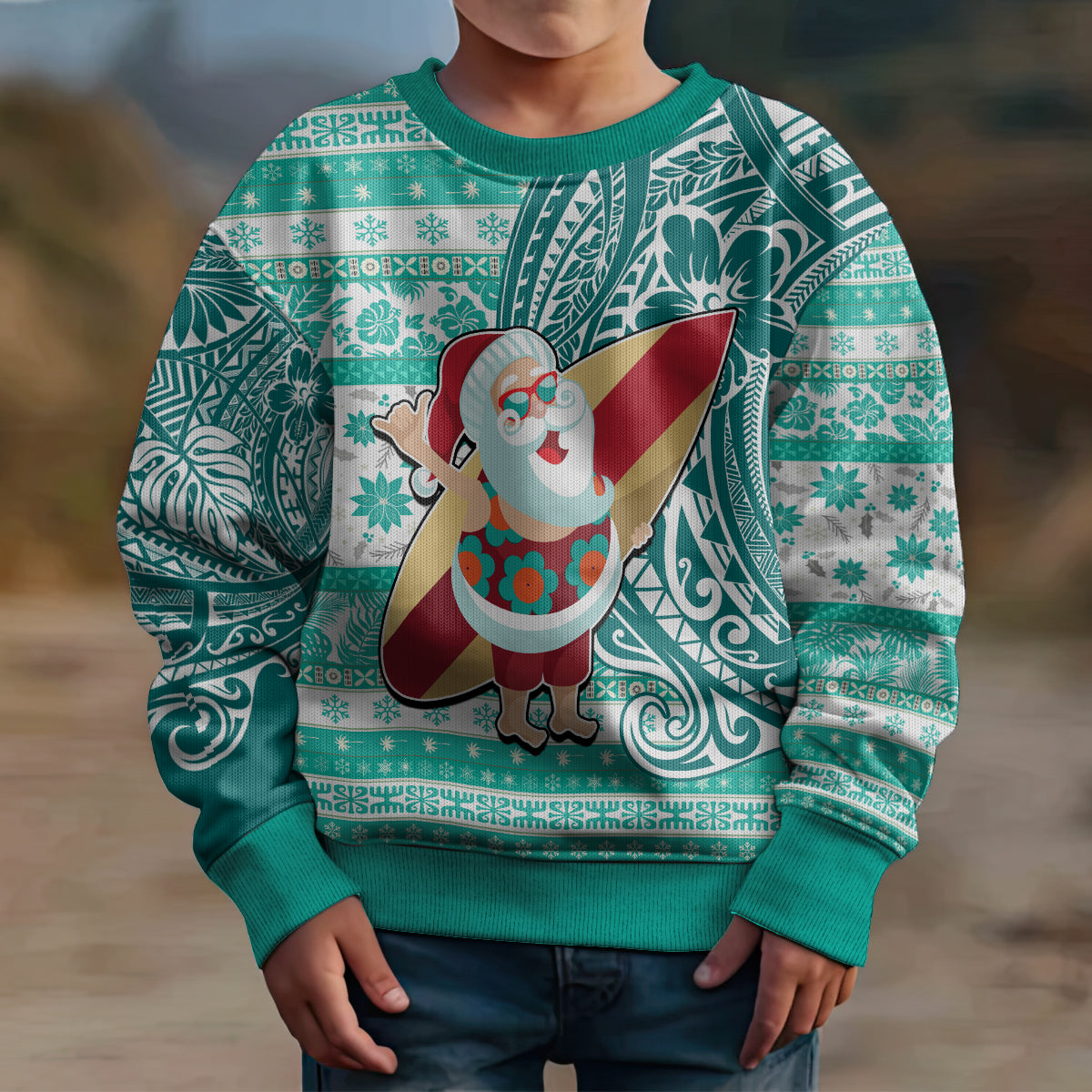 Hawaii Mele Kalikimaka Kid Ugly Christmas Sweater Santa Claus Surfing with Hawaiian Pattern Striped Turquoise Style LT03 - Polynesian Pride