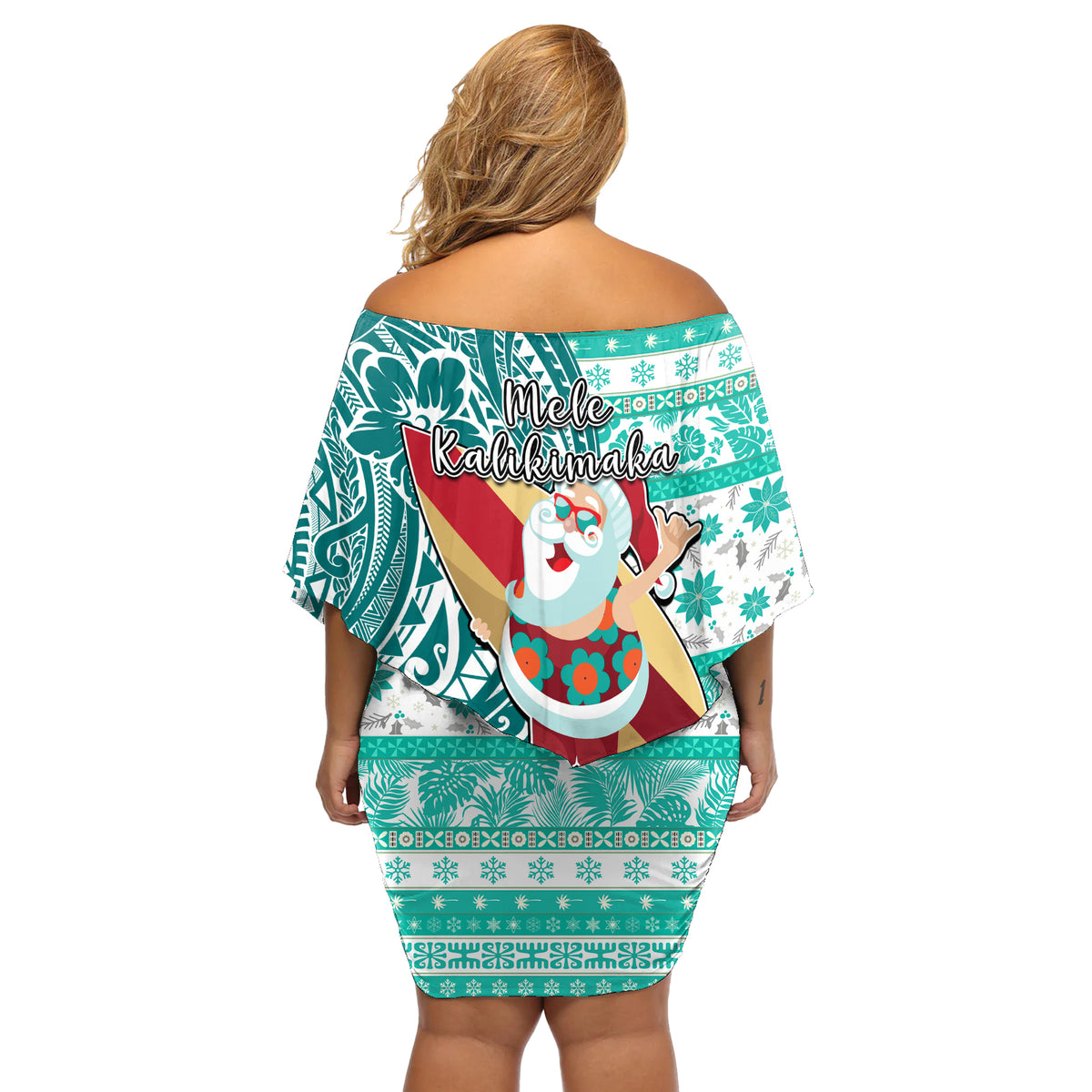 Hawaii Mele Kalikimaka Off Shoulder Short Dress Santa Claus Surfing with Hawaiian Pattern Striped Turquoise Style LT03 - Polynesian Pride