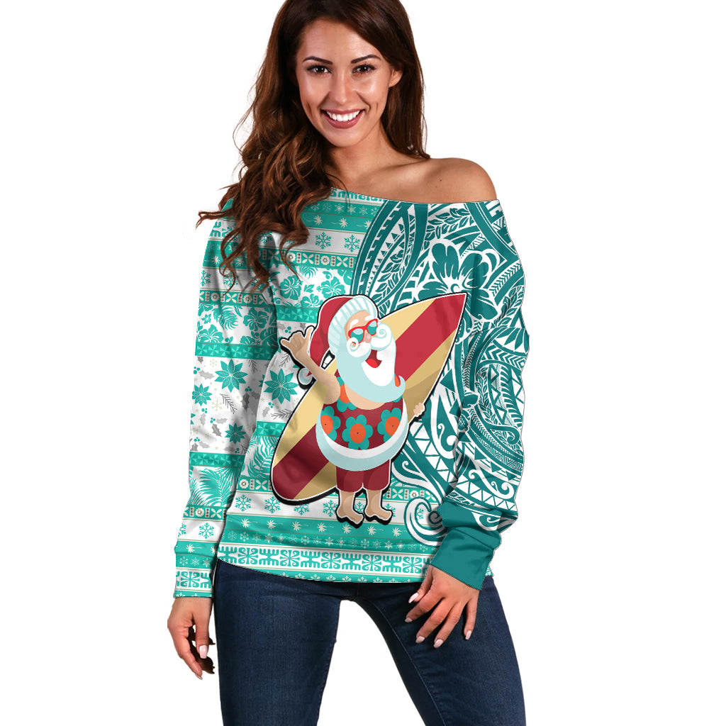 Hawaii Mele Kalikimaka Off Shoulder Sweater Santa Claus Surfing with Hawaiian Pattern Striped Turquoise Style LT03 Women Turquoise - Polynesian Pride