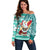 Hawaii Mele Kalikimaka Off Shoulder Sweater Santa Claus Surfing with Hawaiian Pattern Striped Turquoise Style LT03 Women Turquoise - Polynesian Pride