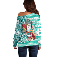 Hawaii Mele Kalikimaka Off Shoulder Sweater Santa Claus Surfing with Hawaiian Pattern Striped Turquoise Style LT03 - Polynesian Pride