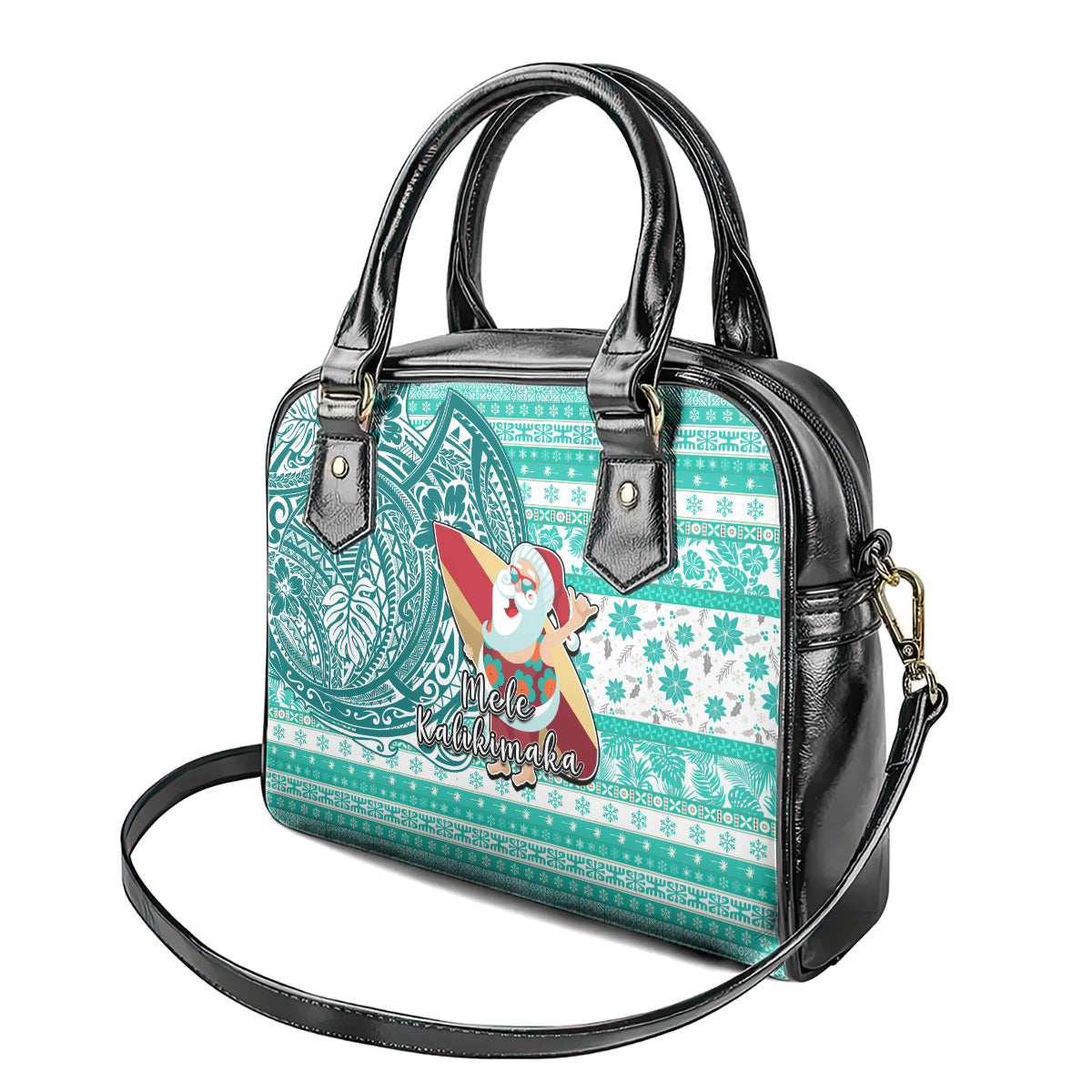 Hawaii Mele Kalikimaka Shoulder Handbag Santa Claus Surfing with Hawaiian Pattern Striped Turquoise Style LT03 - Polynesian Pride