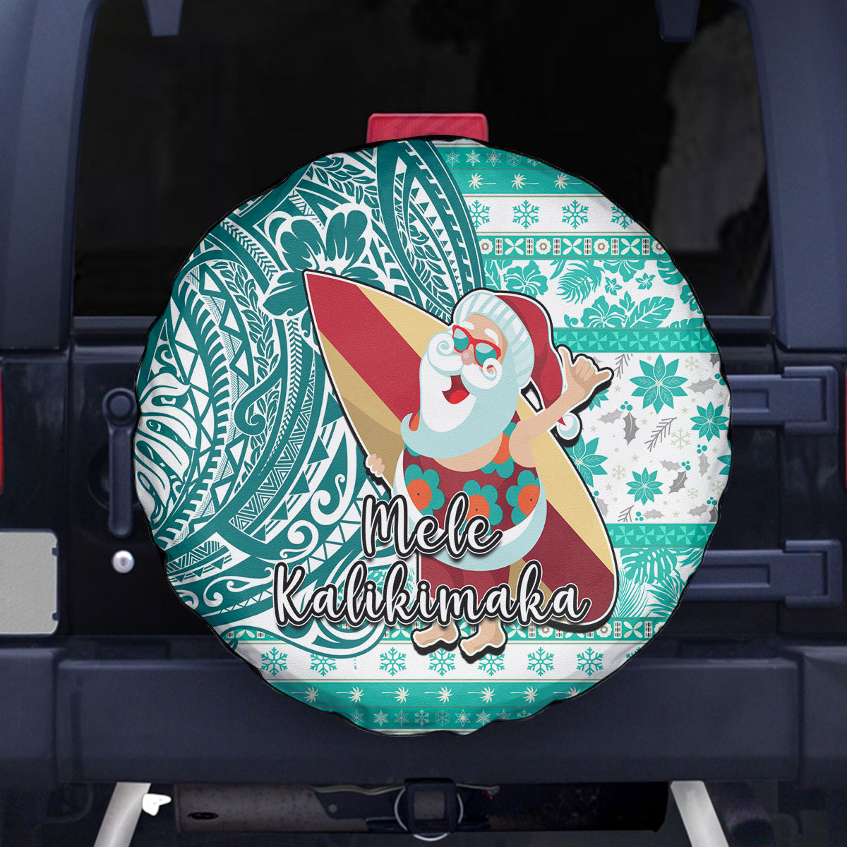 Hawaii Mele Kalikimaka Spare Tire Cover Santa Claus Surfing with Hawaiian Pattern Striped Turquoise Style LT03 Turquoise - Polynesian Pride