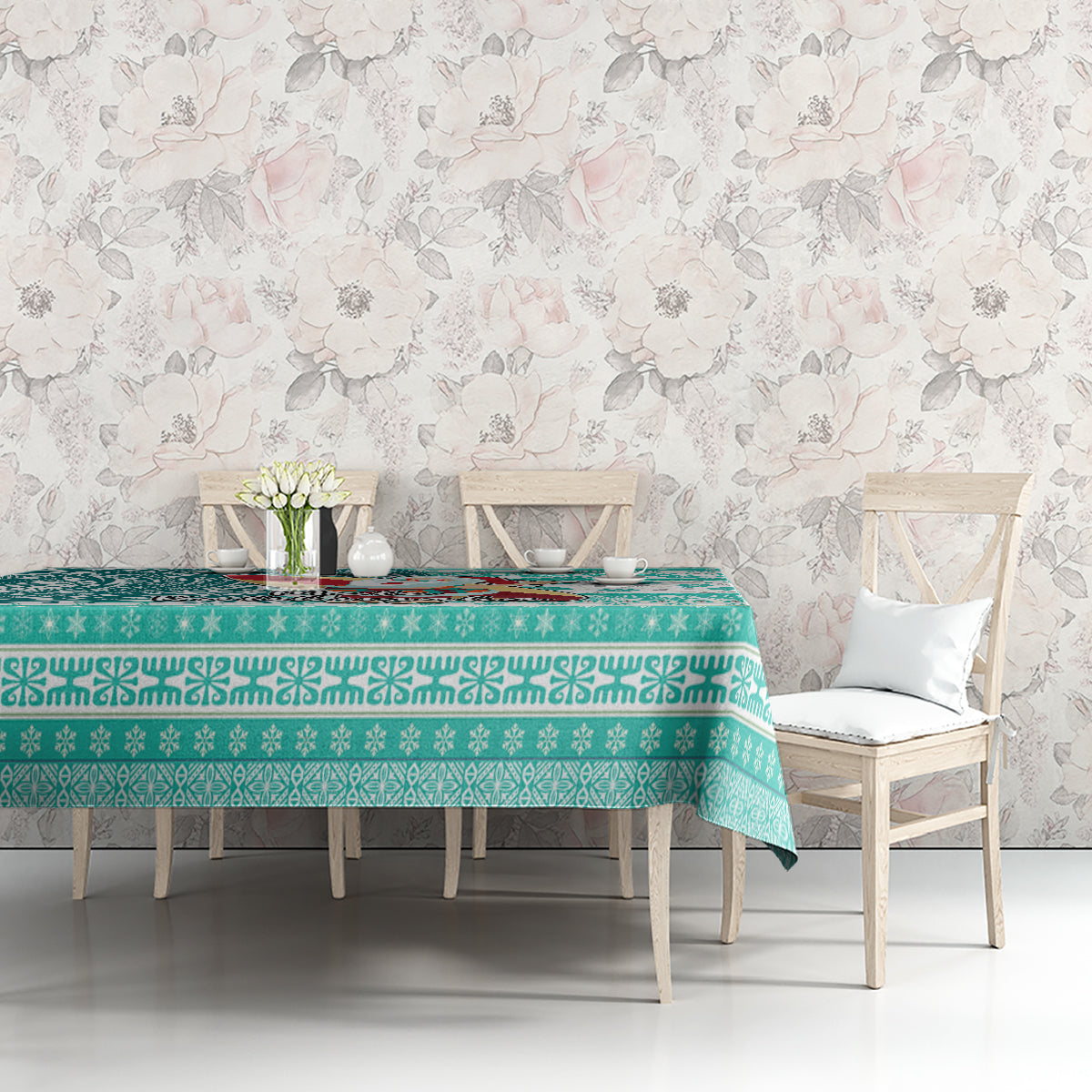 Hawaii Mele Kalikimaka Tablecloth Santa Claus Surfing with Hawaiian Pattern Striped Turquoise Style LT03 - Polynesian Pride