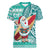 Hawaii Mele Kalikimaka Women V Neck T Shirt Santa Claus Surfing with Hawaiian Pattern Striped Turquoise Style LT03 Female Turquoise - Polynesian Pride