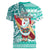 Hawaii Mele Kalikimaka Women V Neck T Shirt Santa Claus Surfing with Hawaiian Pattern Striped Turquoise Style LT03 - Polynesian Pride