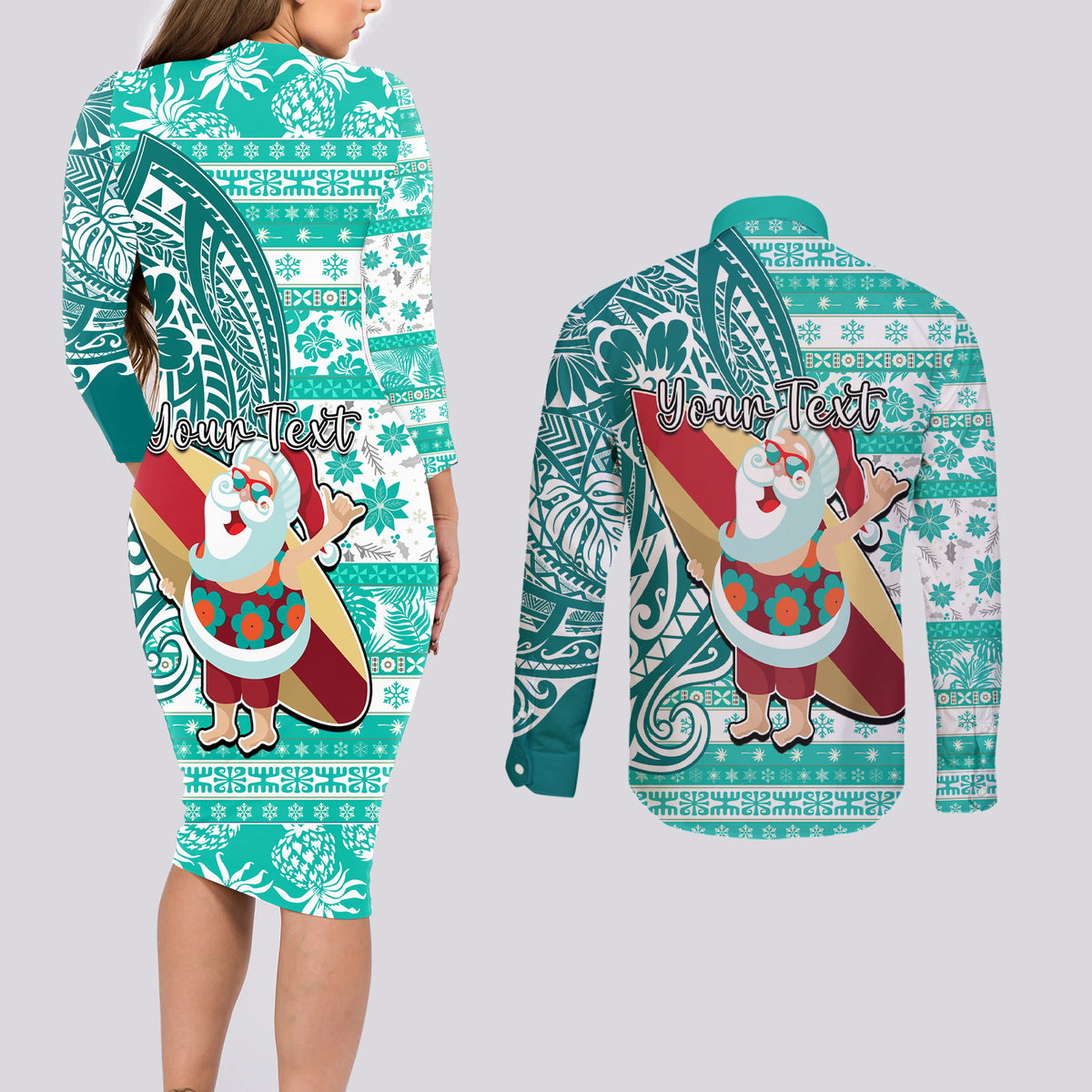 Custom Hawaii Mele Kalikimaka Couples Matching Long Sleeve Bodycon Dress and Long Sleeve Button Shirt Santa Claus Surfing with Hawaiian Pattern Striped Turquoise Style LT03 - Polynesian Pride
