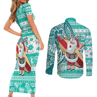 Custom Hawaii Mele Kalikimaka Couples Matching Short Sleeve Bodycon Dress and Long Sleeve Button Shirt Santa Claus Surfing with Hawaiian Pattern Striped Turquoise Style LT03 - Polynesian Pride