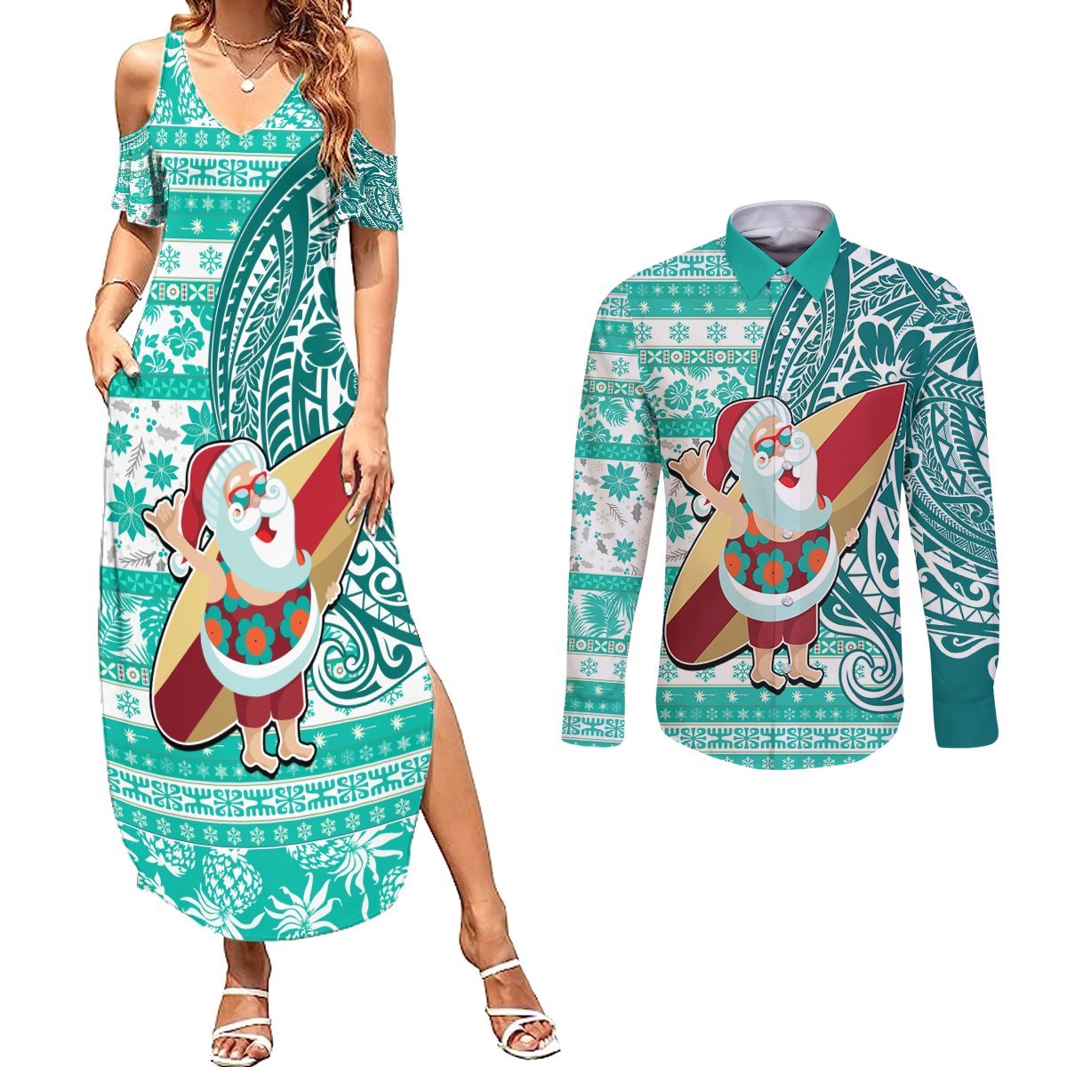Custom Hawaii Mele Kalikimaka Couples Matching Summer Maxi Dress and Long Sleeve Button Shirt Santa Claus Surfing with Hawaiian Pattern Striped Turquoise Style LT03 Turquoise - Polynesian Pride