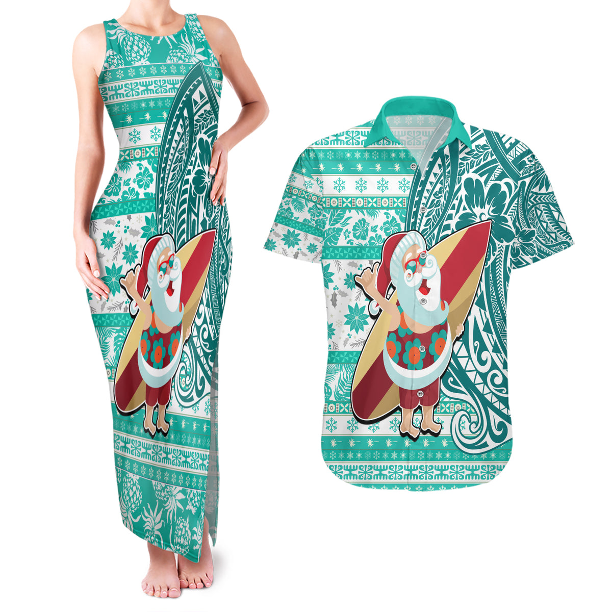 Custom Hawaii Mele Kalikimaka Couples Matching Tank Maxi Dress and Hawaiian Shirt Santa Claus Surfing with Hawaiian Pattern Striped Turquoise Style LT03 Turquoise - Polynesian Pride