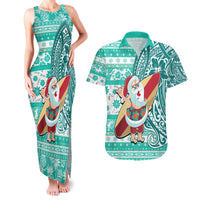 Custom Hawaii Mele Kalikimaka Couples Matching Tank Maxi Dress and Hawaiian Shirt Santa Claus Surfing with Hawaiian Pattern Striped Turquoise Style LT03 Turquoise - Polynesian Pride