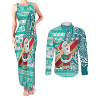 Custom Hawaii Mele Kalikimaka Couples Matching Tank Maxi Dress and Long Sleeve Button Shirt Santa Claus Surfing with Hawaiian Pattern Striped Turquoise Style LT03 Turquoise - Polynesian Pride