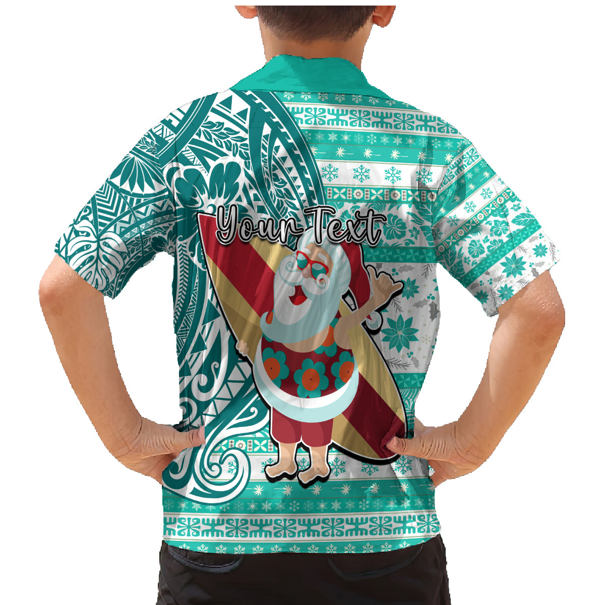 Custom Hawaii Mele Kalikimaka Family Matching Mermaid Dress and Hawaiian Shirt Santa Claus Surfing with Hawaiian Pattern Striped Turquoise Style LT03 - Polynesian Pride