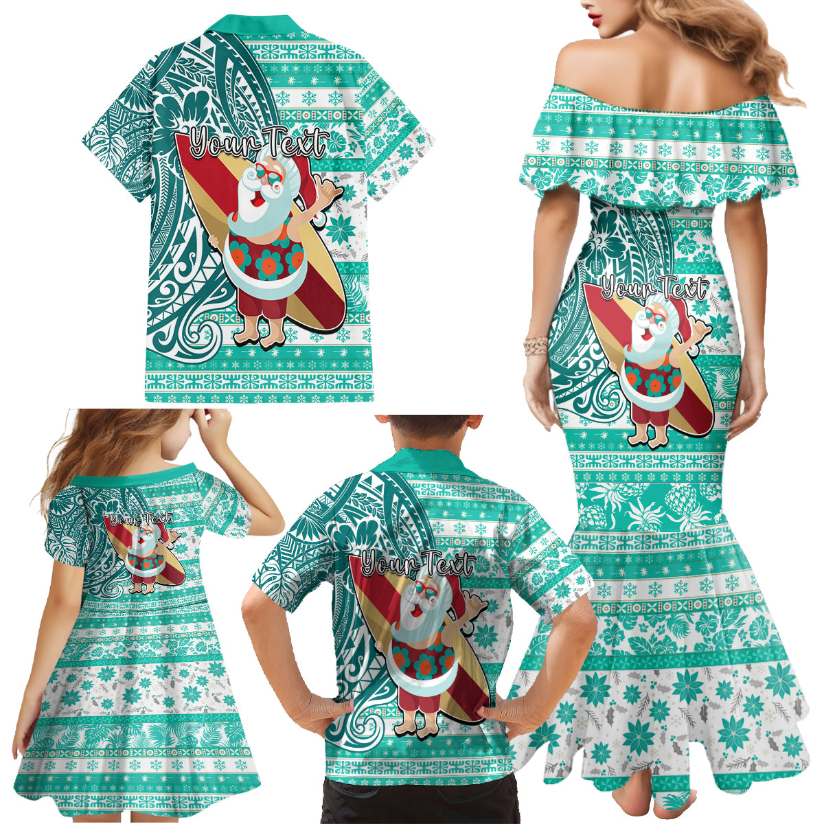 Custom Hawaii Mele Kalikimaka Family Matching Mermaid Dress and Hawaiian Shirt Santa Claus Surfing with Hawaiian Pattern Striped Turquoise Style LT03 - Polynesian Pride