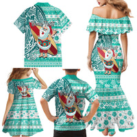 Custom Hawaii Mele Kalikimaka Family Matching Mermaid Dress and Hawaiian Shirt Santa Claus Surfing with Hawaiian Pattern Striped Turquoise Style LT03 - Polynesian Pride