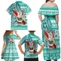 Custom Hawaii Mele Kalikimaka Family Matching Off Shoulder Maxi Dress and Hawaiian Shirt Santa Claus Surfing with Hawaiian Pattern Striped Turquoise Style LT03 - Polynesian Pride