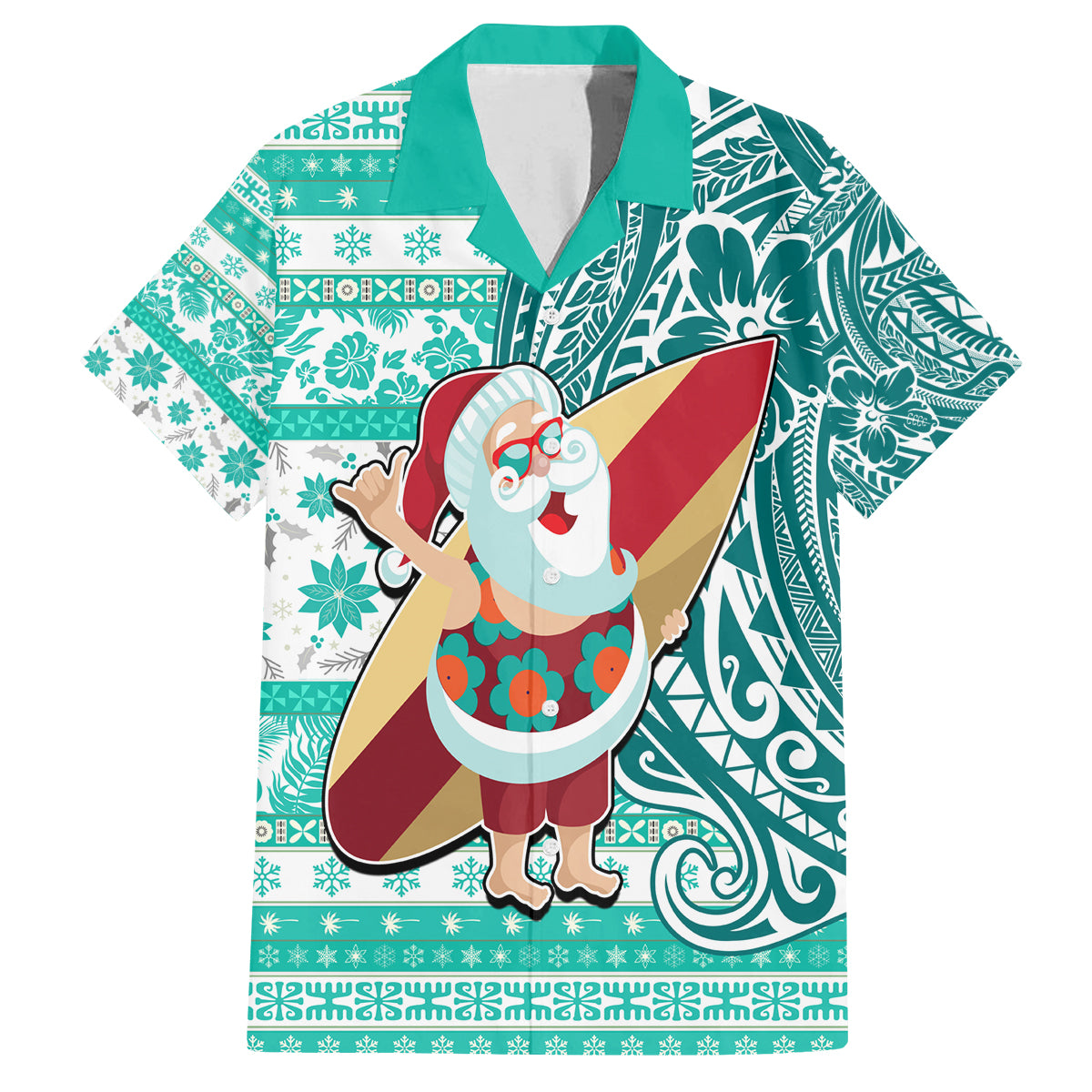 Custom Hawaii Mele Kalikimaka Family Matching Off Shoulder Short Dress and Hawaiian Shirt Santa Claus Surfing with Hawaiian Pattern Striped Turquoise Style LT03 Dad's Shirt - Short Sleeve Turquoise - Polynesian Pride