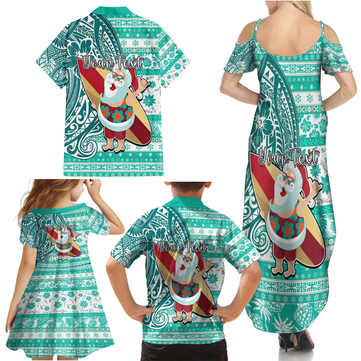Custom Hawaii Mele Kalikimaka Family Matching Summer Maxi Dress and Hawaiian Shirt Santa Claus Surfing with Hawaiian Pattern Striped Turquoise Style LT03 - Polynesian Pride