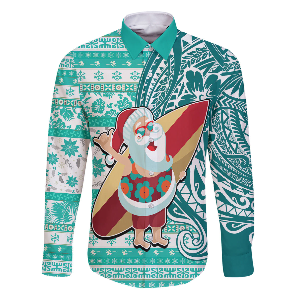 Custom Hawaii Mele Kalikimaka Family Matching Summer Maxi Dress and Hawaiian Shirt Santa Claus Surfing with Hawaiian Pattern Striped Turquoise Style LT03 Dad's Shirt - Long Sleeve Turquoise - Polynesian Pride