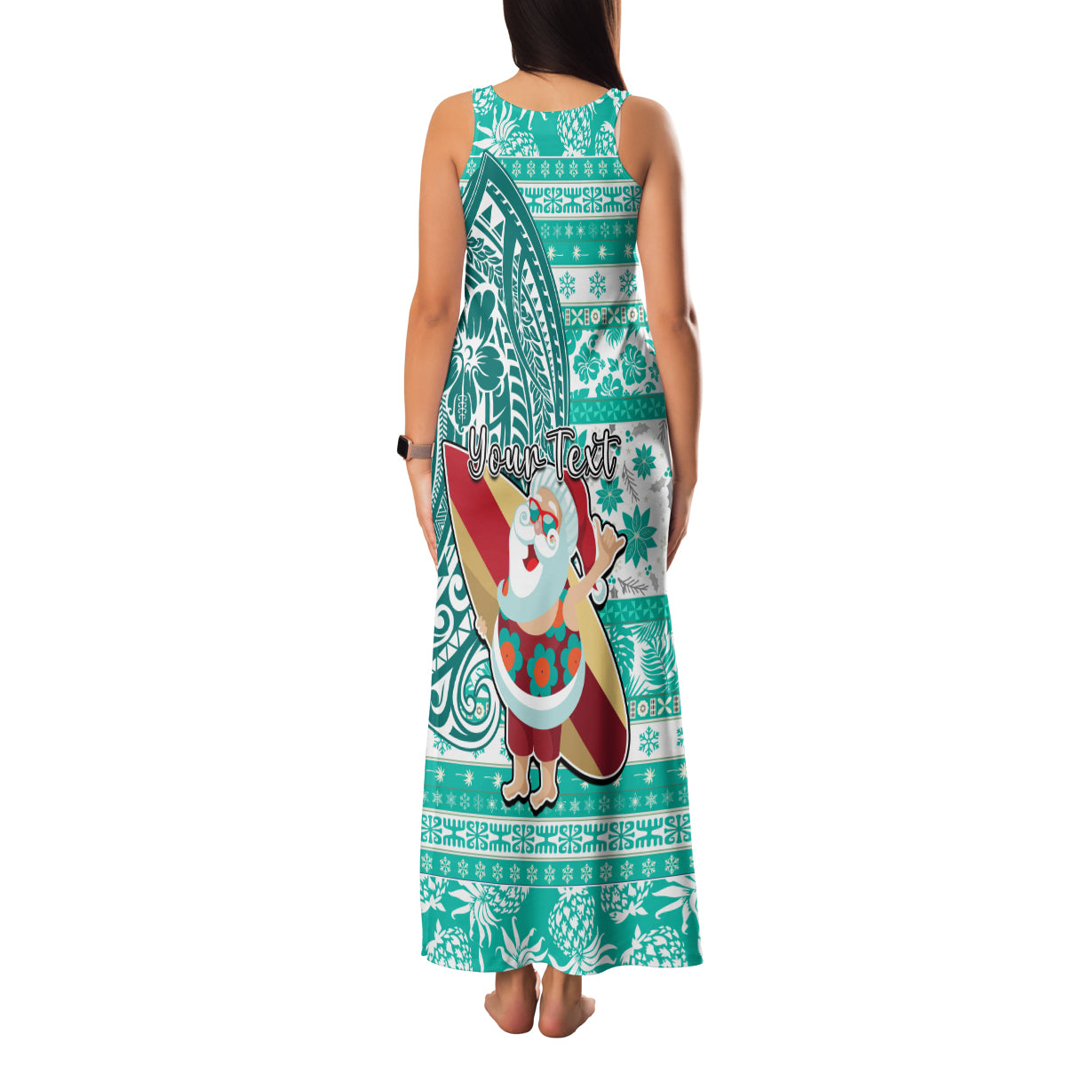 Custom Hawaii Mele Kalikimaka Family Matching Tank Maxi Dress and Hawaiian Shirt Santa Claus Surfing with Hawaiian Pattern Striped Turquoise Style LT03 - Polynesian Pride