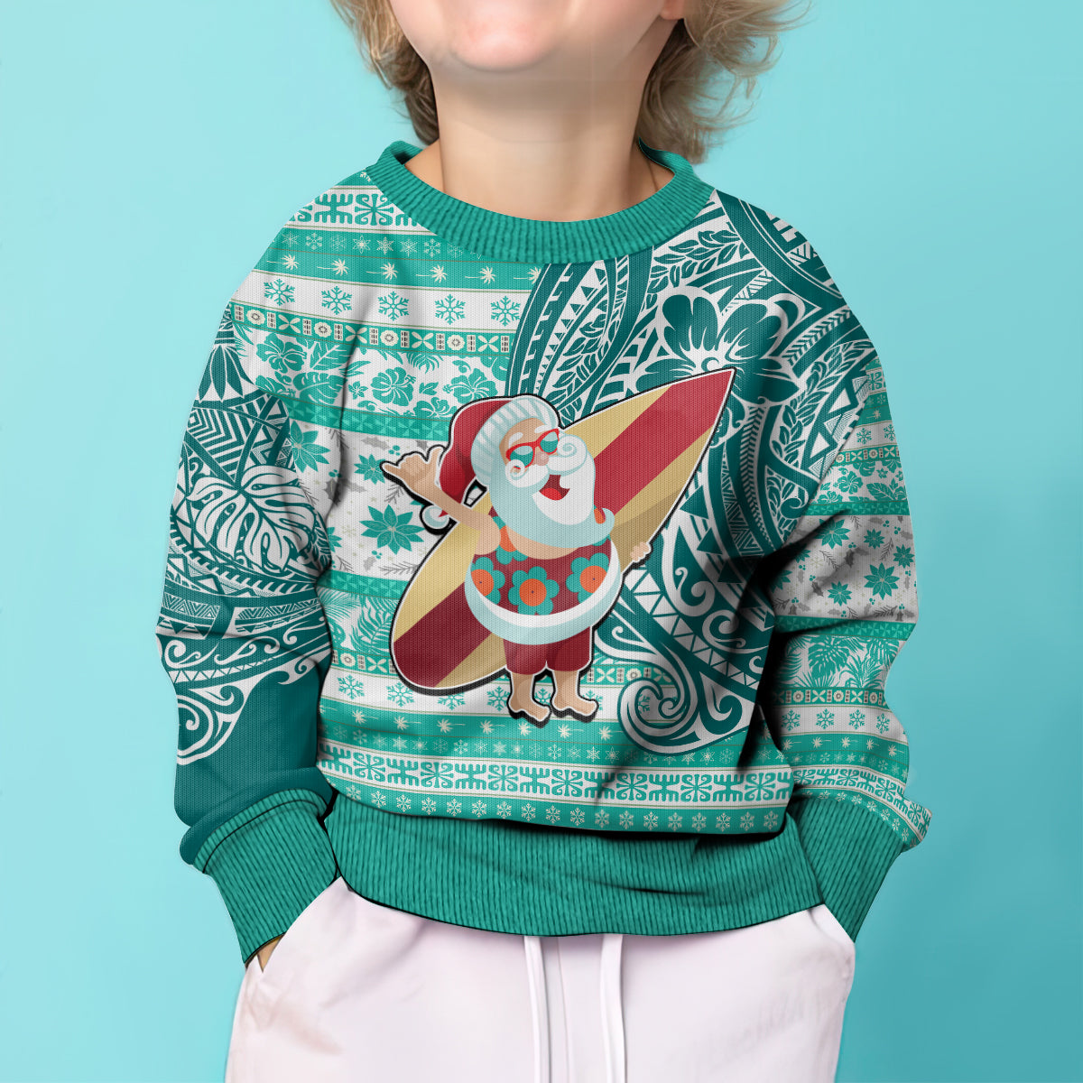 Custom Hawaii Mele Kalikimaka Kid Ugly Christmas Sweater Santa Claus Surfing with Hawaiian Pattern Striped Turquoise Style LT03 - Polynesian Pride