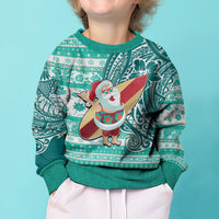 Custom Hawaii Mele Kalikimaka Kid Ugly Christmas Sweater Santa Claus Surfing with Hawaiian Pattern Striped Turquoise Style LT03 - Polynesian Pride