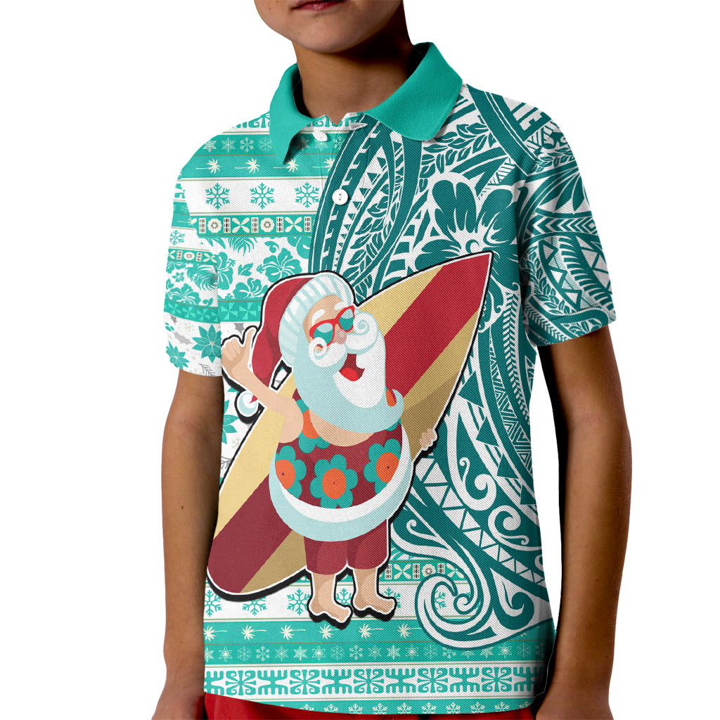 Custom Hawaii Mele Kalikimaka Kid Polo Shirt Santa Claus Surfing with Hawaiian Pattern Striped Turquoise Style LT03 Kid Turquoise - Polynesian Pride