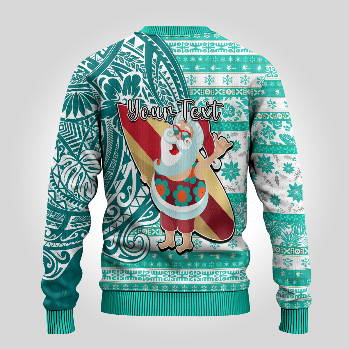 Custom Hawaii Mele Kalikimaka Ugly Christmas Sweater Santa Claus Surfing with Hawaiian Pattern Striped Turquoise Style LT03 - Polynesian Pride