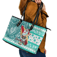 Custom Hawaii Mele Kalikimaka Leather Tote Bag Santa Claus Surfing with Hawaiian Pattern Striped Turquoise Style LT03 - Polynesian Pride