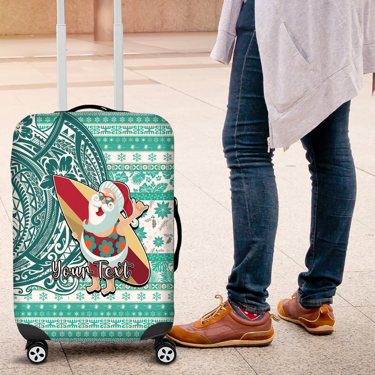 Custom Hawaii Mele Kalikimaka Luggage Cover Santa Claus Surfing with Hawaiian Pattern Striped Turquoise Style LT03 Turquoise - Polynesian Pride