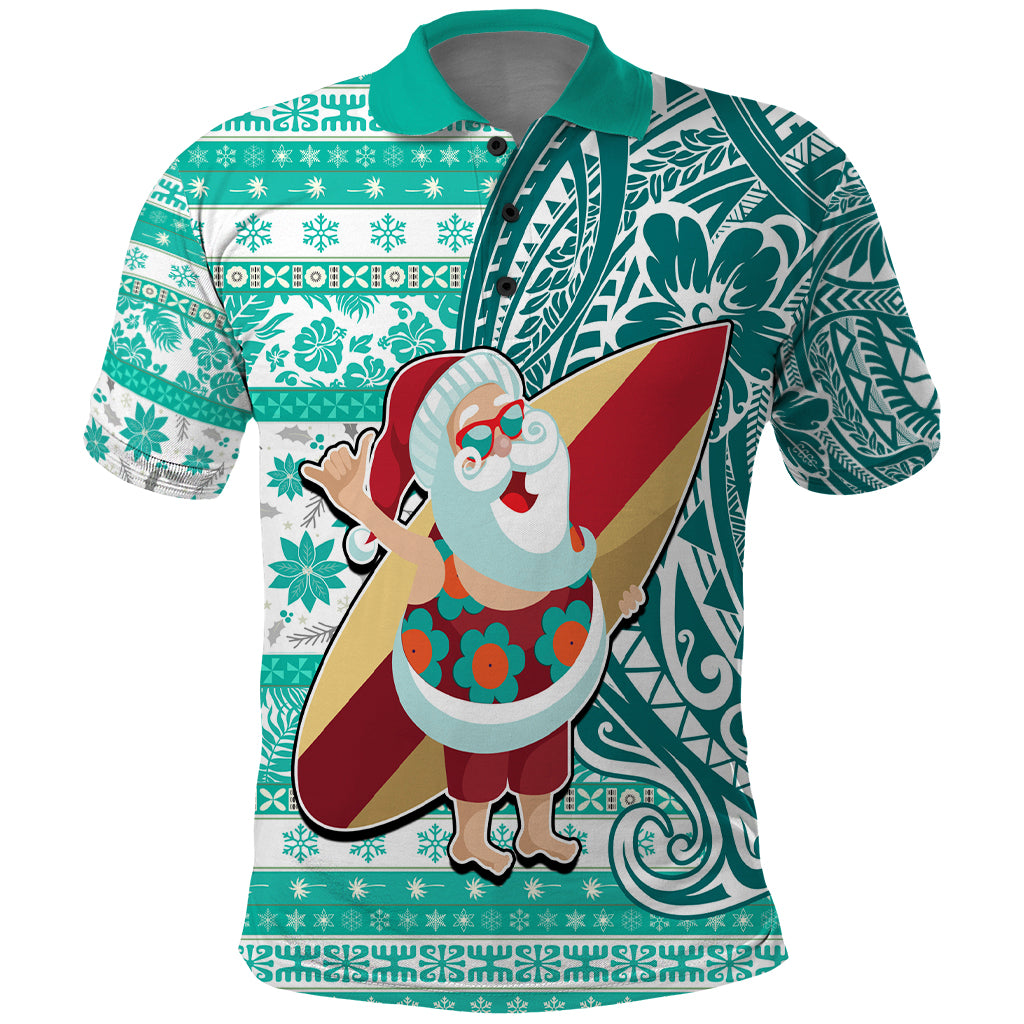 Custom Hawaii Mele Kalikimaka Polo Shirt Santa Claus Surfing with Hawaiian Pattern Striped Turquoise Style LT03 Turquoise - Polynesian Pride