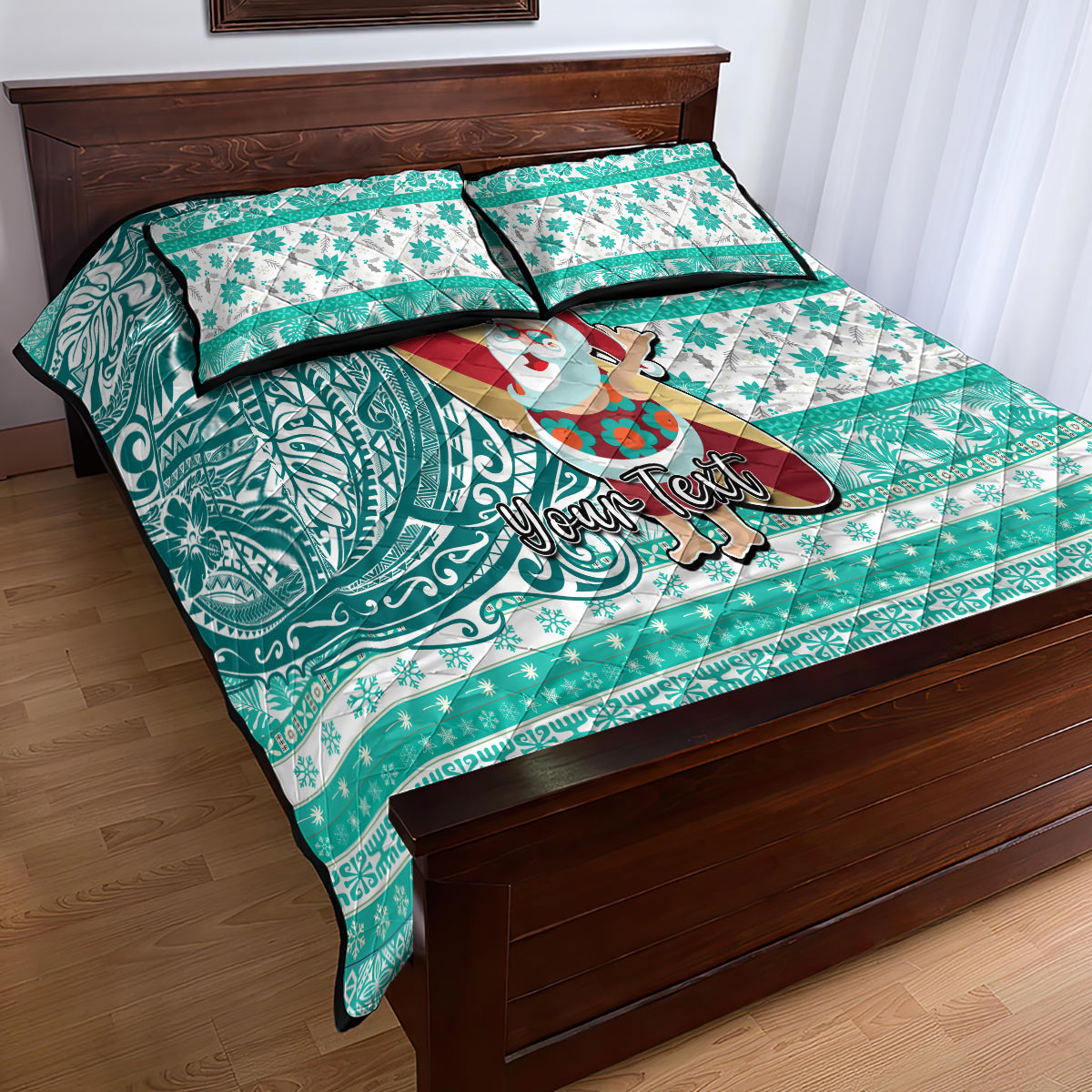 Custom Hawaii Mele Kalikimaka Quilt Bed Set Santa Claus Surfing with Hawaiian Pattern Striped Turquoise Style LT03 - Polynesian Pride