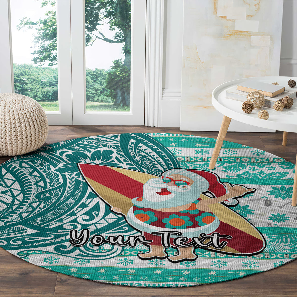 Custom Hawaii Mele Kalikimaka Round Carpet Santa Claus Surfing with Hawaiian Pattern Striped Turquoise Style LT03 - Polynesian Pride