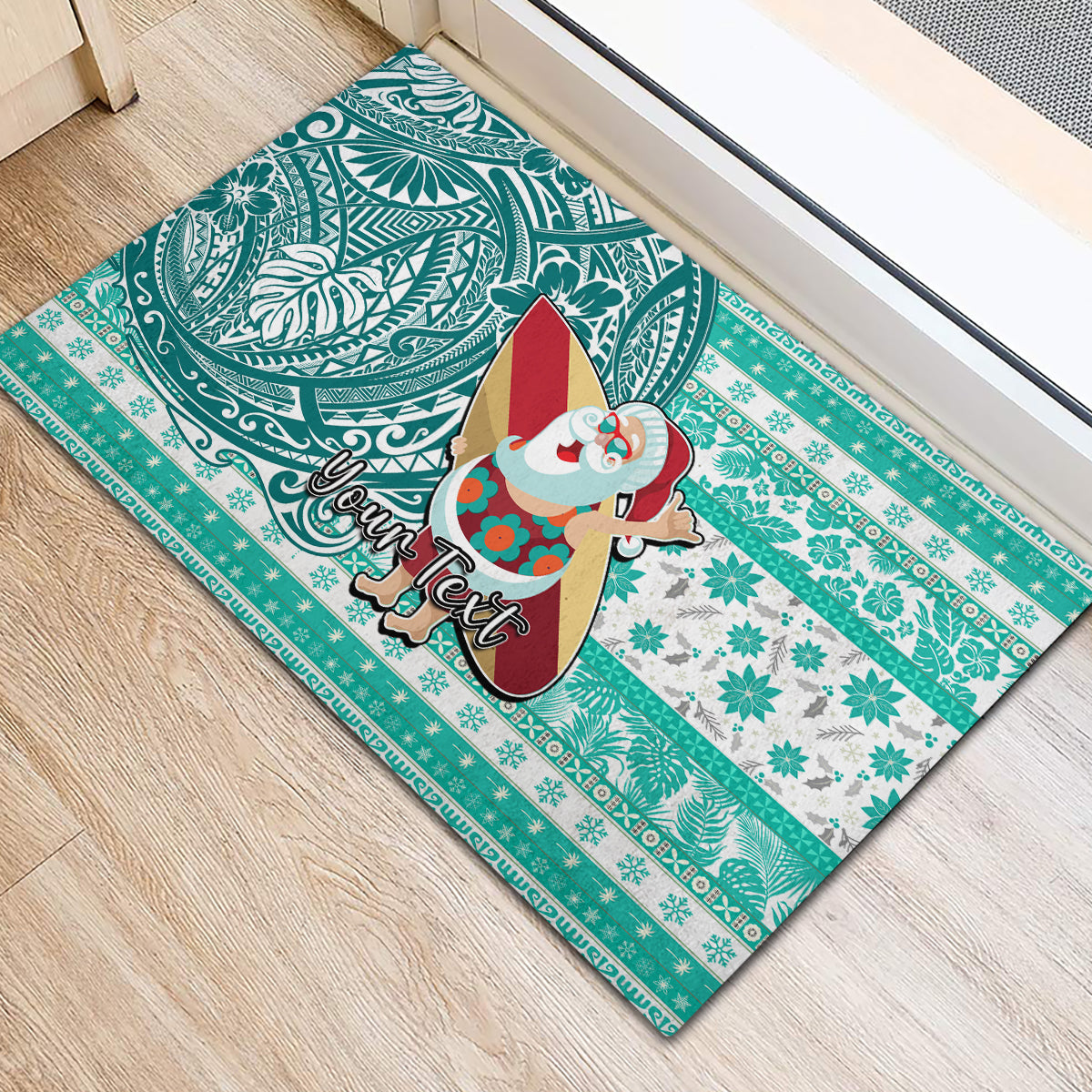 Custom Hawaii Mele Kalikimaka Rubber Doormat Santa Claus Surfing with Hawaiian Pattern Striped Turquoise Style LT03 - Polynesian Pride