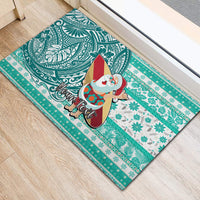 Custom Hawaii Mele Kalikimaka Rubber Doormat Santa Claus Surfing with Hawaiian Pattern Striped Turquoise Style LT03 - Polynesian Pride