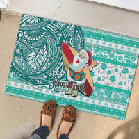 Custom Hawaii Mele Kalikimaka Rubber Doormat Santa Claus Surfing with Hawaiian Pattern Striped Turquoise Style LT03 - Polynesian Pride