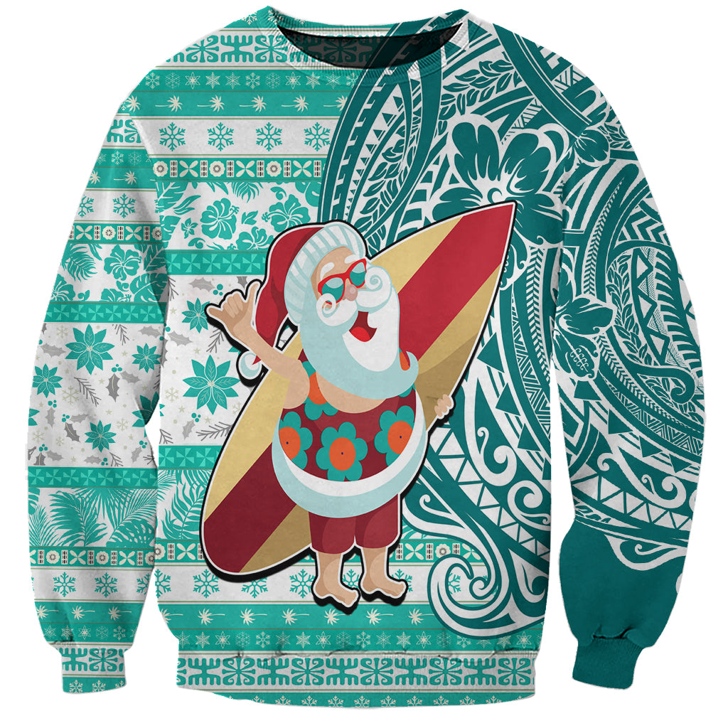 Custom Hawaii Mele Kalikimaka Sweatshirt Santa Claus Surfing with Hawaiian Pattern Striped Turquoise Style LT03 Unisex Turquoise - Polynesian Pride