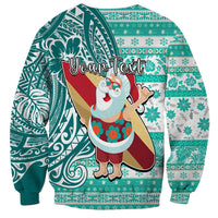 Custom Hawaii Mele Kalikimaka Sweatshirt Santa Claus Surfing with Hawaiian Pattern Striped Turquoise Style LT03 - Polynesian Pride