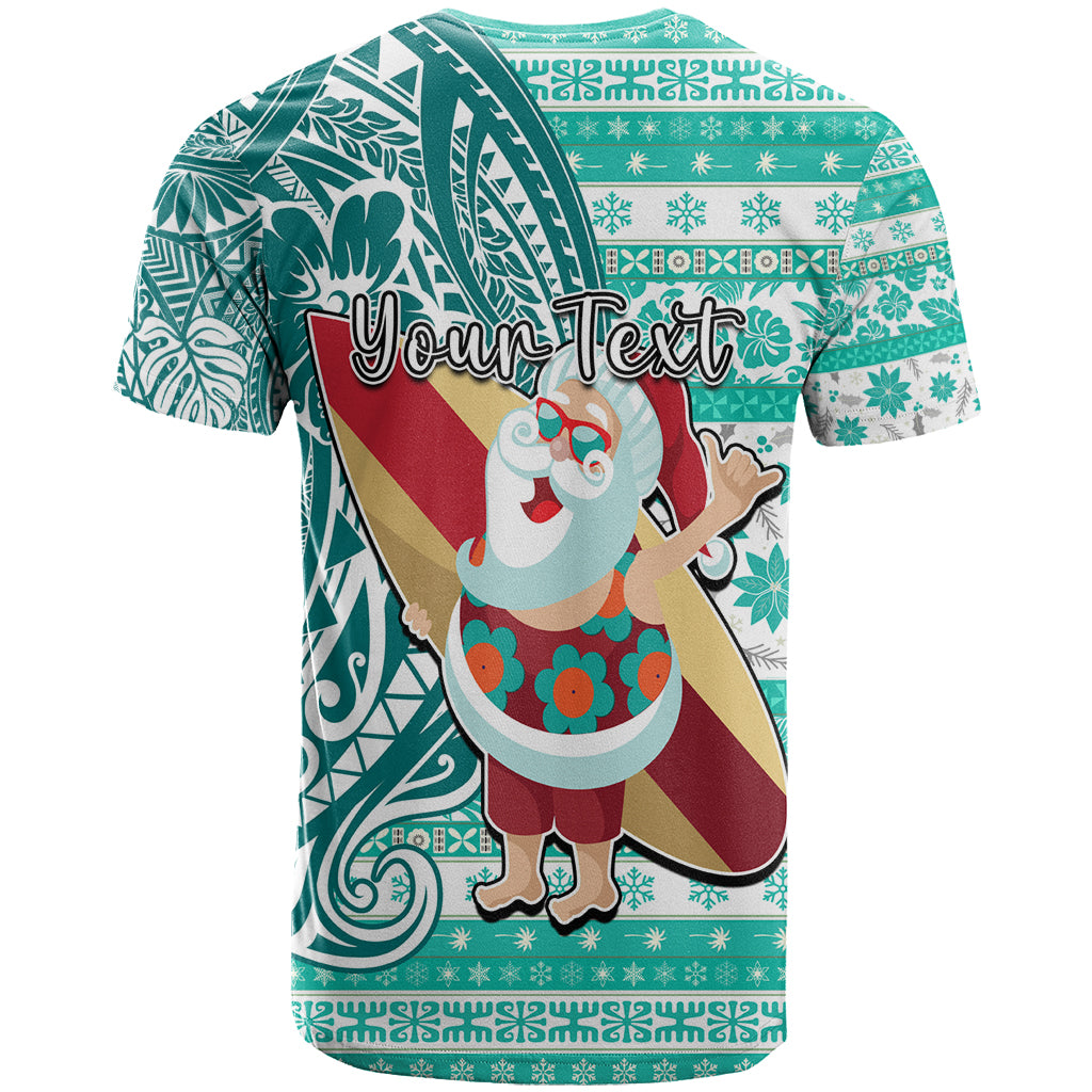 Custom Hawaii Mele Kalikimaka T Shirt Santa Claus Surfing with Hawaiian Pattern Striped Turquoise Style LT03 - Polynesian Pride