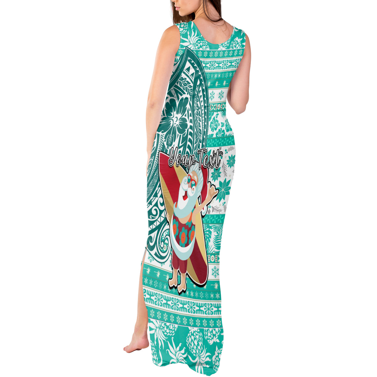 Custom Hawaii Mele Kalikimaka Tank Maxi Dress Santa Claus Surfing with Hawaiian Pattern Striped Turquoise Style LT03 - Polynesian Pride