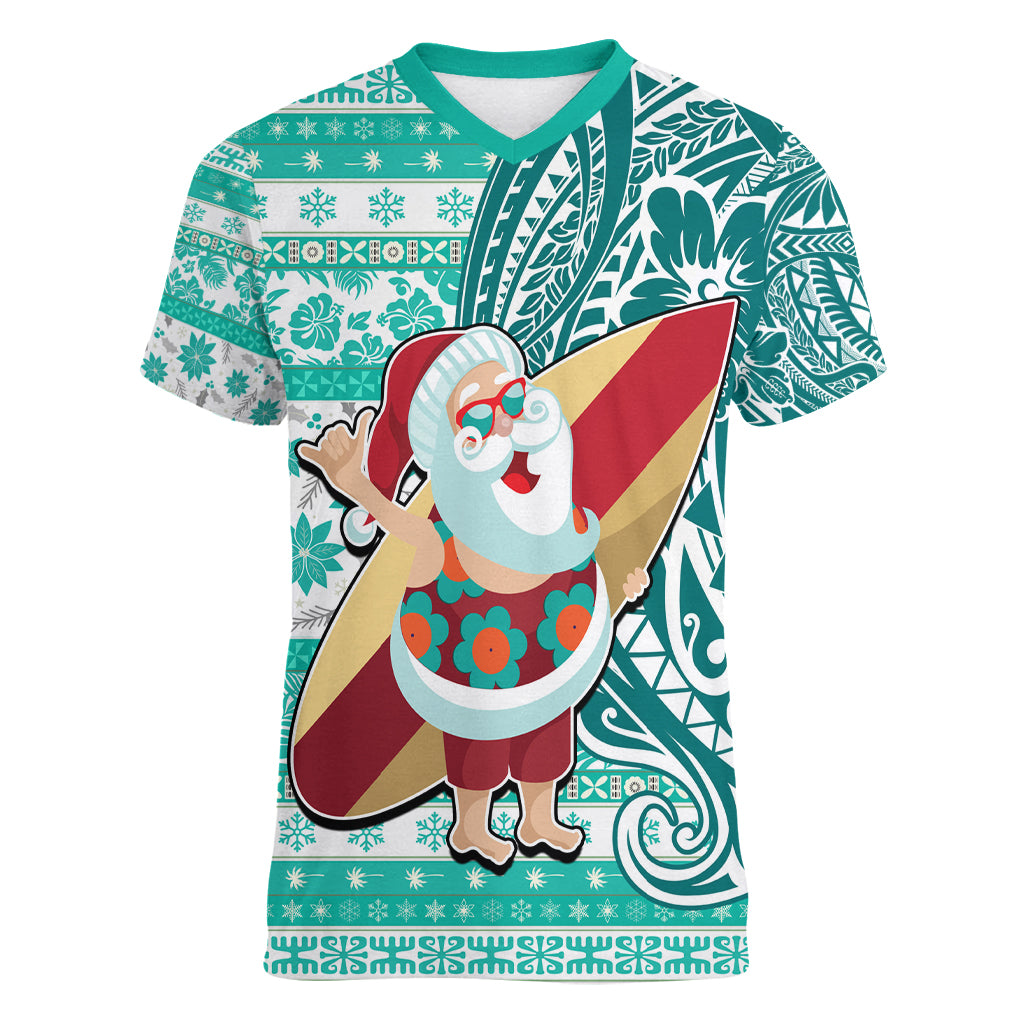 Custom Hawaii Mele Kalikimaka Women V Neck T Shirt Santa Claus Surfing with Hawaiian Pattern Striped Turquoise Style LT03 Female Turquoise - Polynesian Pride