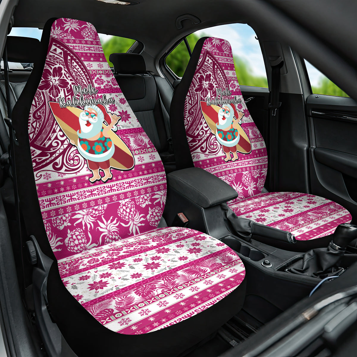 Hawaii Mele Kalikimaka Car Seat Cover Santa Claus Surfing with Hawaiian Pattern Striped Pink Style LT03 One Size Pink - Polynesian Pride