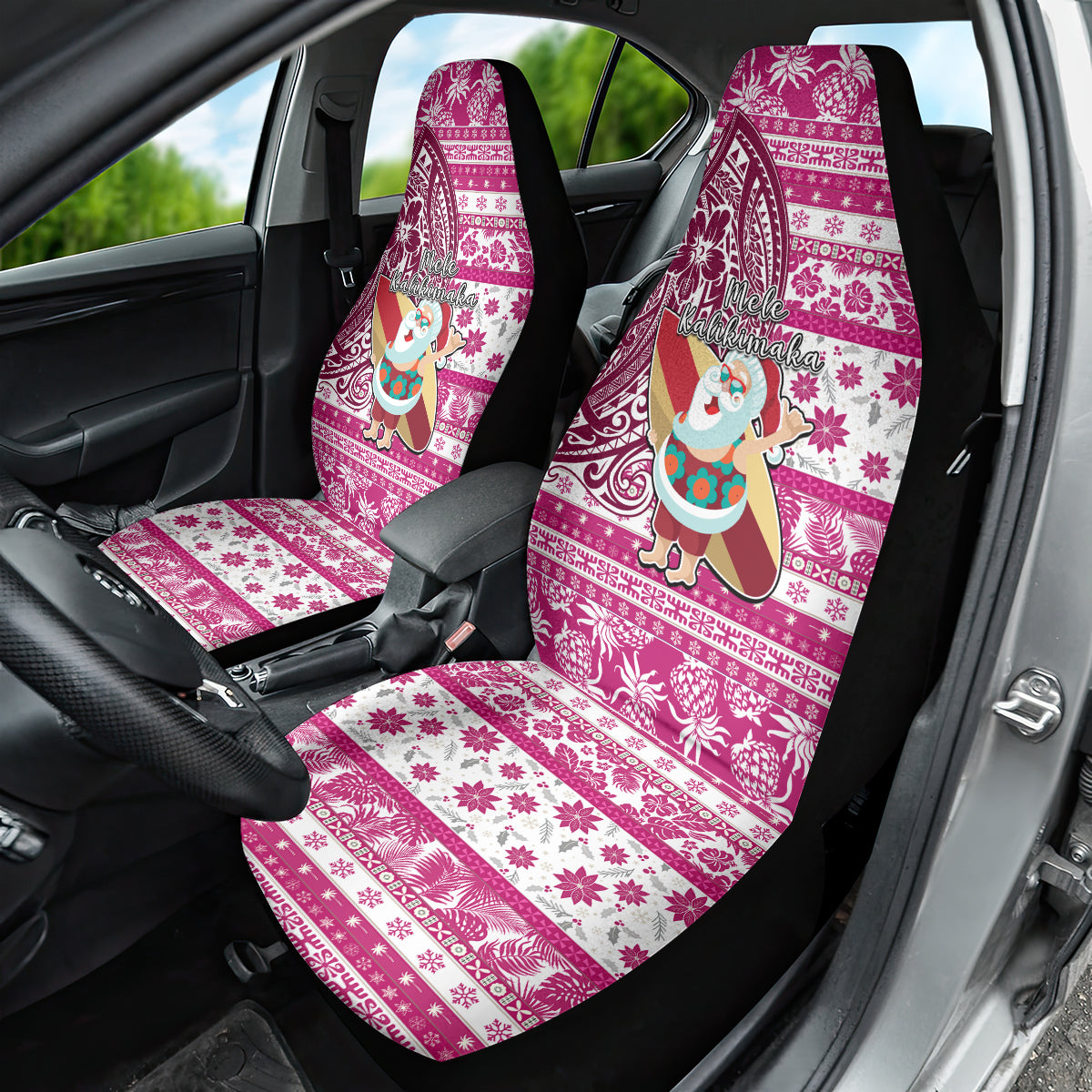 Hawaii Mele Kalikimaka Car Seat Cover Santa Claus Surfing with Hawaiian Pattern Striped Pink Style LT03 - Polynesian Pride