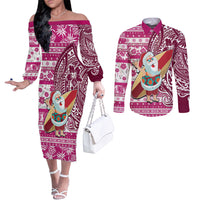 Hawaii Mele Kalikimaka Couples Matching Off The Shoulder Long Sleeve Dress and Long Sleeve Button Shirt Santa Claus Surfing with Hawaiian Pattern Striped Pink Style LT03 Pink - Polynesian Pride