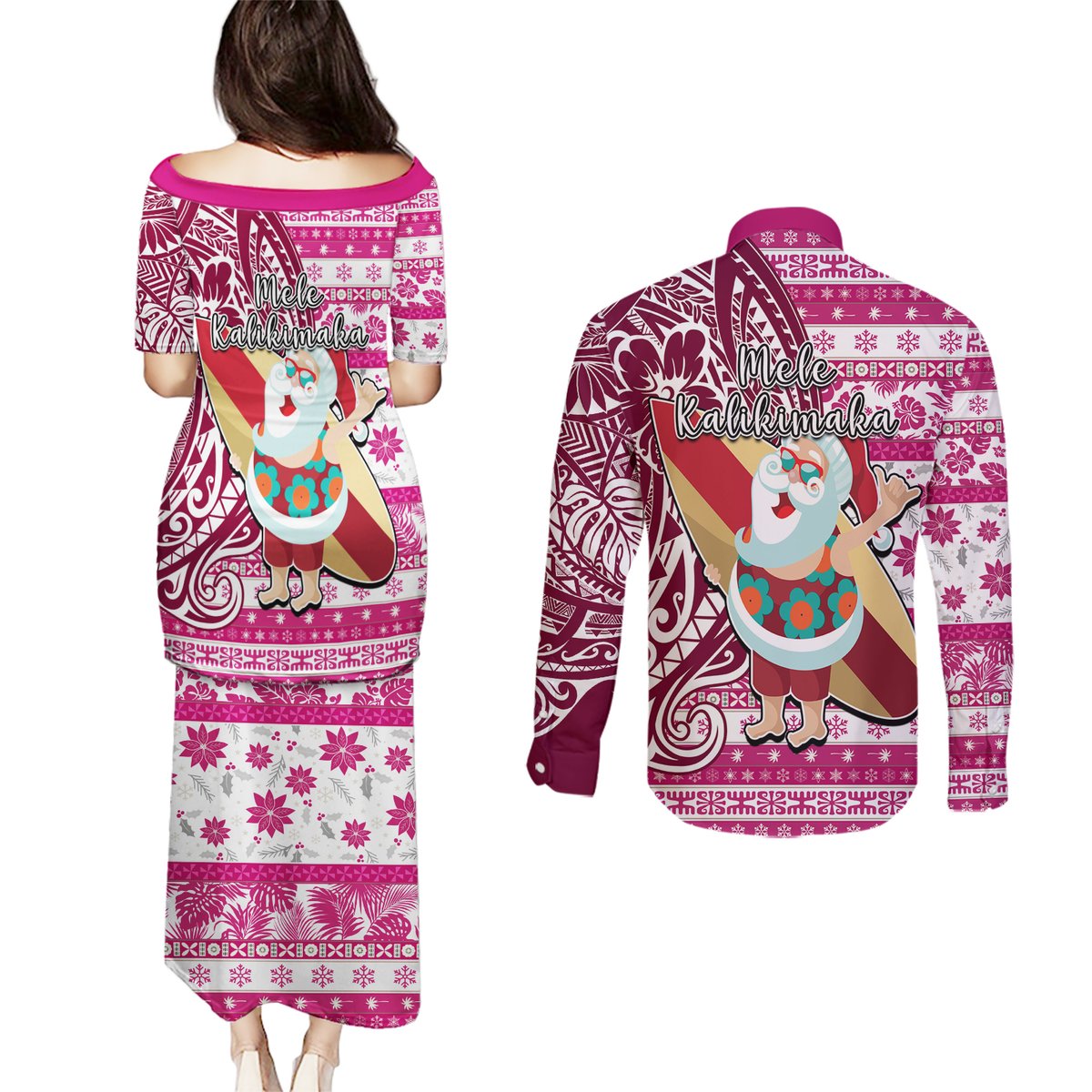 Hawaii Mele Kalikimaka Couples Matching Puletasi Dress and Long Sleeve Button Shirt Santa Claus Surfing with Hawaiian Pattern Striped Pink Style LT03 - Polynesian Pride