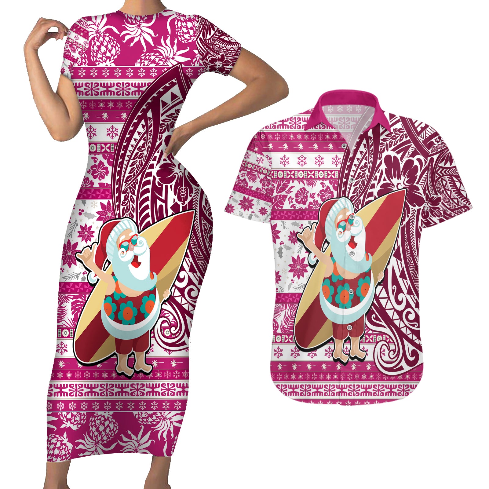 Hawaii Mele Kalikimaka Couples Matching Short Sleeve Bodycon Dress and Hawaiian Shirt Santa Claus Surfing with Hawaiian Pattern Striped Pink Style LT03 Pink - Polynesian Pride