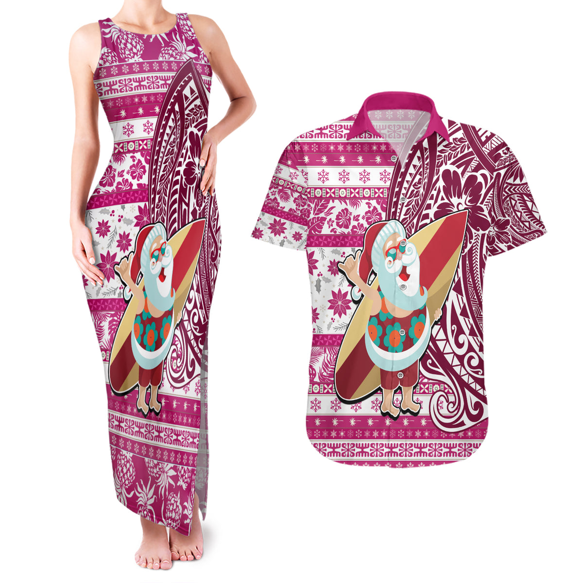 Hawaii Mele Kalikimaka Couples Matching Tank Maxi Dress and Hawaiian Shirt Santa Claus Surfing with Hawaiian Pattern Striped Pink Style LT03 Pink - Polynesian Pride